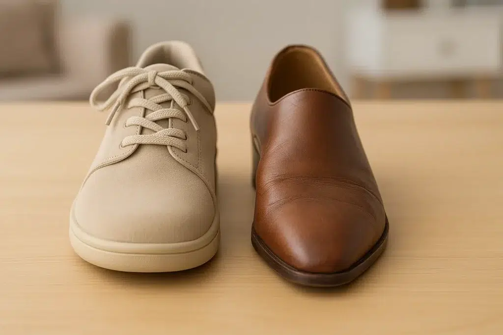 Calzado ancho, flexible y de puntera redondeada recomendado para juanetes en personas mayores.