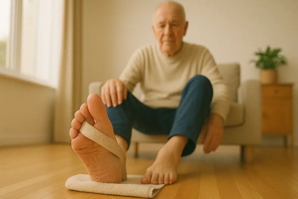 Adulto mayor realizando ejercicio de agarre de toalla con los dedos del pie para fortalecer musculatura.