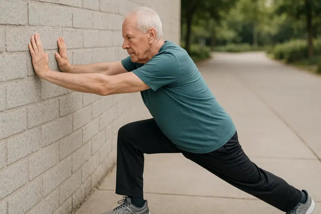 Adulto mayor realizando estiramiento de gemelos