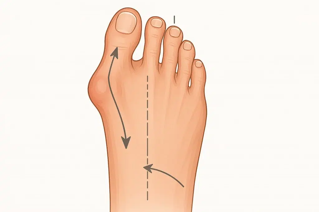 Ilustración anatómica que explica qué es un juanete mostrando la desviación del primer dedo.