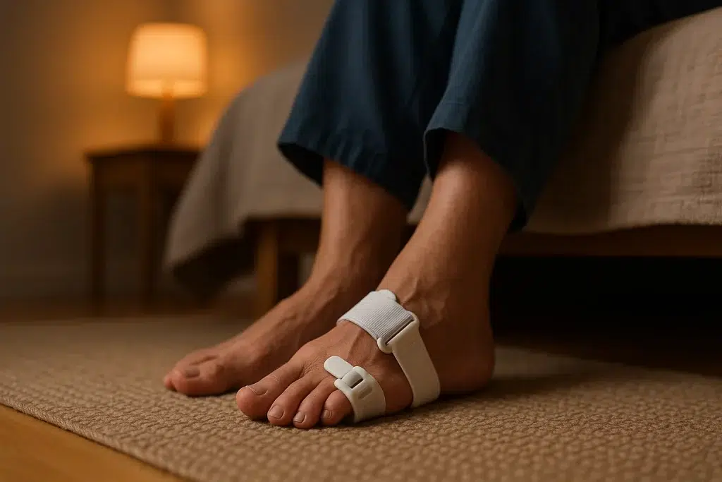Férula nocturna colocada en el dedo gordo del pie para aliviar juanetes.