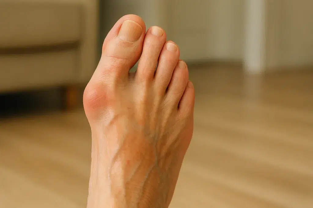 Pie de adulto mayor con juanete moderado, mostrando desviación visible del dedo gordo.