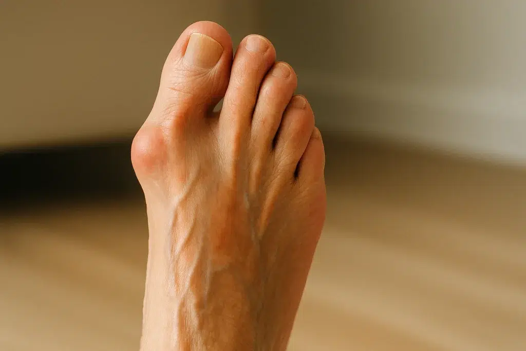 Pie de adulto mayor con juanete severo y desviación marcada del primer dedo.