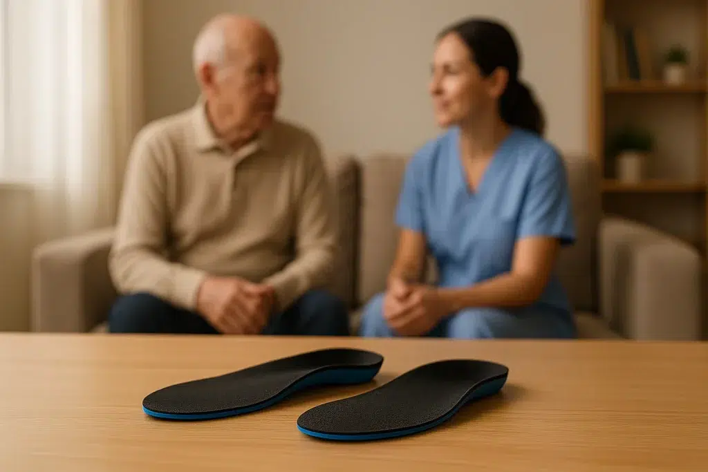 Plantillas ortopédicas personalizadas recomendadas para juanetes en personas mayores.