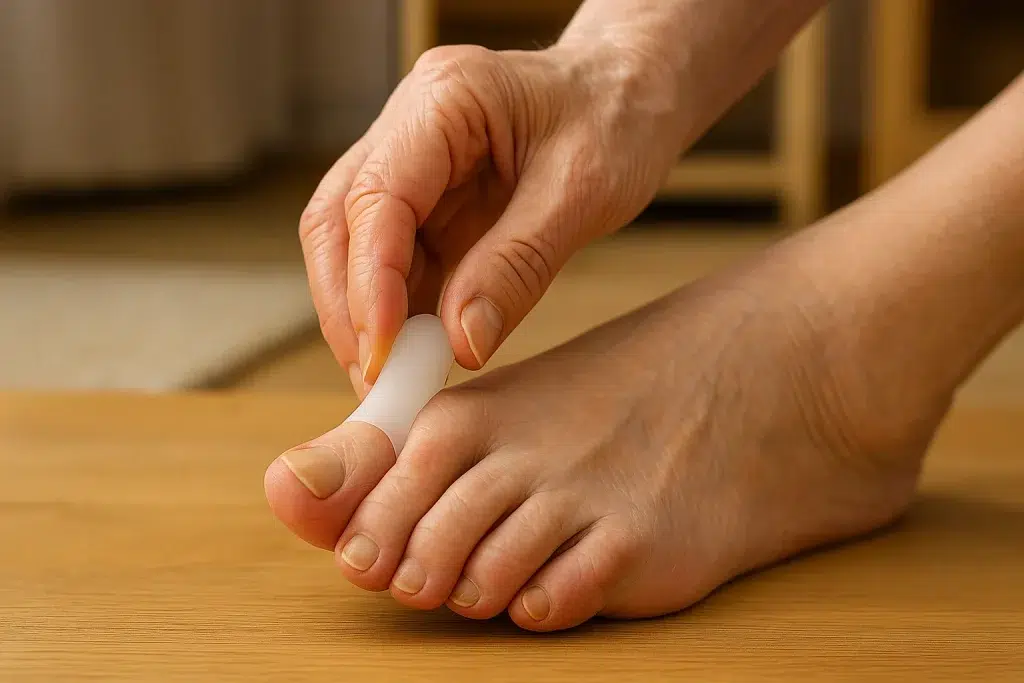 Adulto mayor utilizando separadores de silicona para aliviar molestias por juanetes.